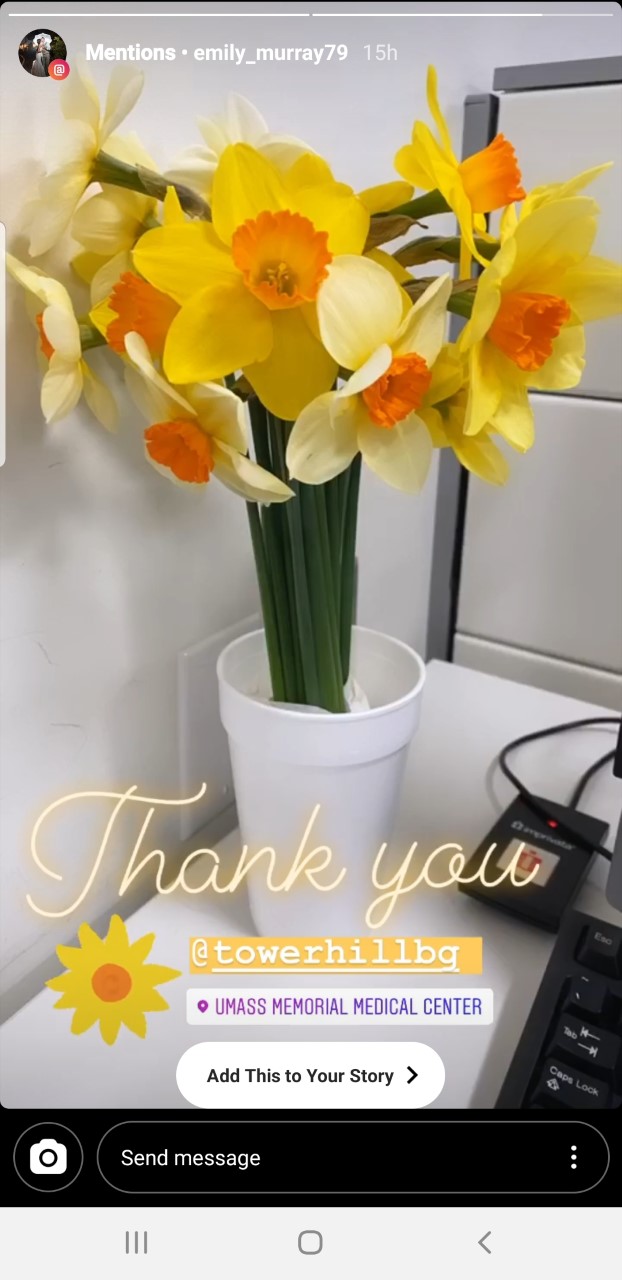 A screenshot of Umass Memorial staff thanking the Garden for the daffodil delivery.